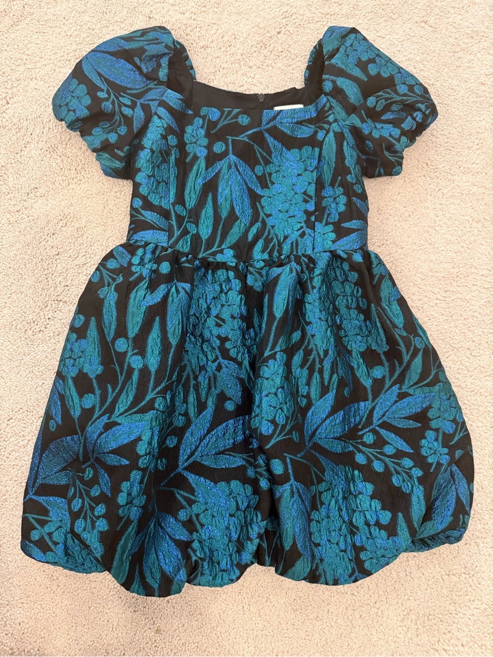 Girls' Bubble Dress in Teal Floral Brocade with Puff-Sleeves. Worn once!